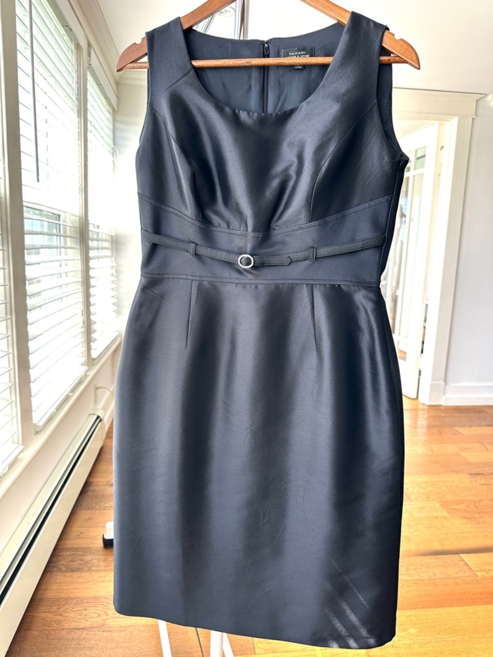 Tahari Elegant Black Midi Sheath Dress with Waist Detail, Silk Blend, Cocktail